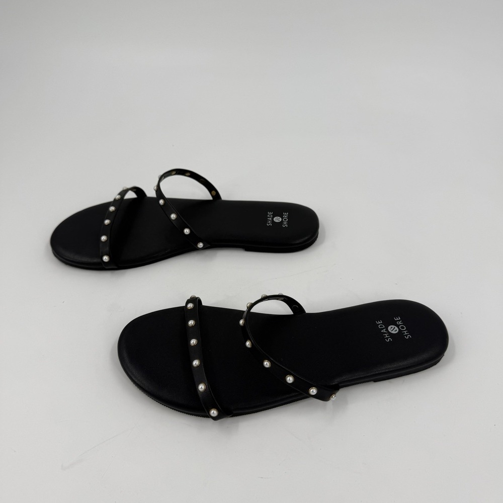 Shade & Shore Women's Black Pearl Studded Strappy Flat Slide Sandals Sz 7